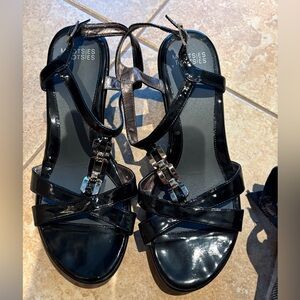 Jeweled Black Patent Leather Wedge Sandals | Size 10